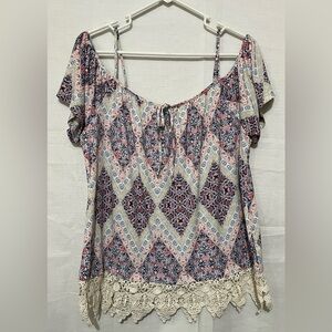 Maurices Multicolor Patterned Blouse with Lace Hem